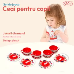 Set de ceai pentru copii, 14 piese din metal, cutie cu maner pentru depozitare si transport, multicolor, 3+ ani, Rosu