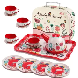 Set de ceai pentru copii, 14 piese din metal, cutie cu maner pentru depozitare si transport, multicolor, 3+ ani, Rosu