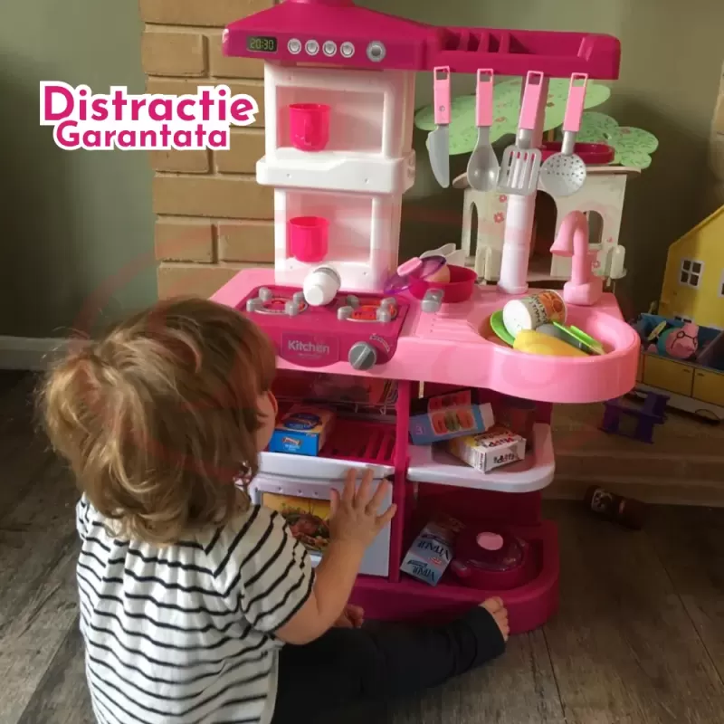 Bucatarie Multifunctionala Interactiva pentru Copii – 28 Piese, Lumina, Sunet si Chiuveta cu Apa Circulanta, +3 Ani