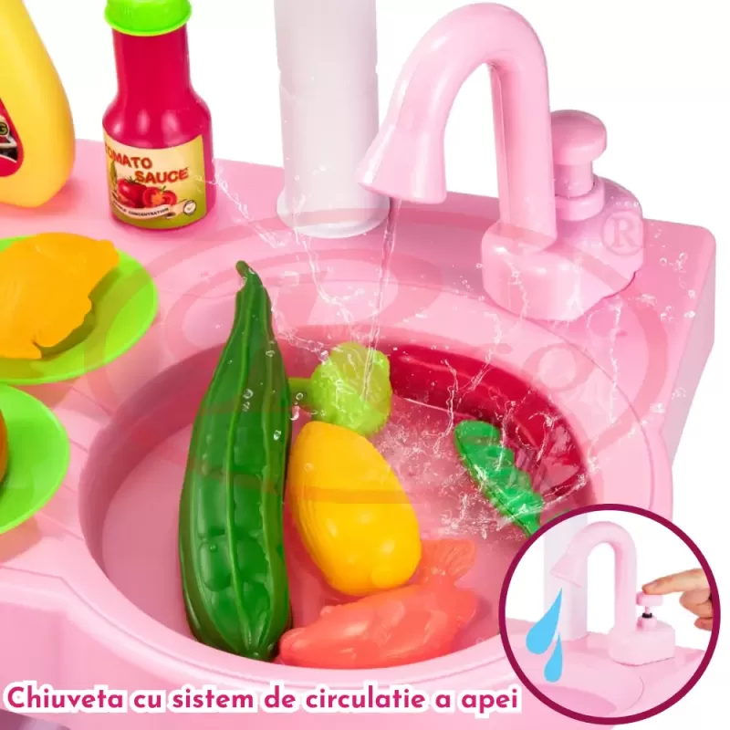 Bucatarie Multifunctionala Interactiva pentru Copii – 28 Piese, Lumina, Sunet si Chiuveta cu Apa Circulanta, +3 Ani