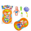 Set bebelus de jucarie, cu cadita, dus si accesorii, 6 piese, 31x20x 7cm