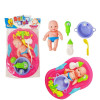 Set bebelus de jucarie, cu cadita, dus si accesorii, 6 piese, 31x20x 7cm