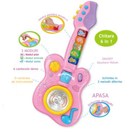 Chitara muzicala de jucarie 6 in 1 pentru copii cu lumini si sunete