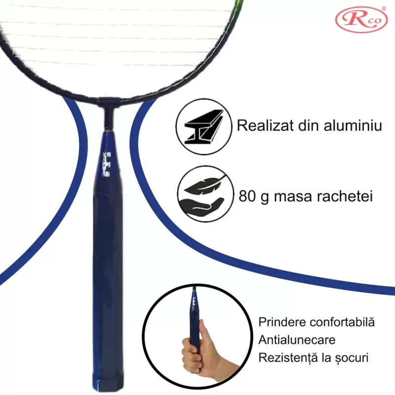 Set palete badminton RCO® pentru copii cu 6 accesorii, 45 cm, Albastru