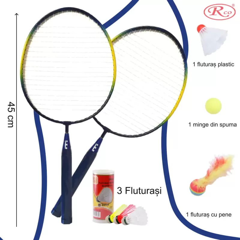 Set palete badminton RCO® pentru copii cu 6 accesorii, 45 cm, Albastru