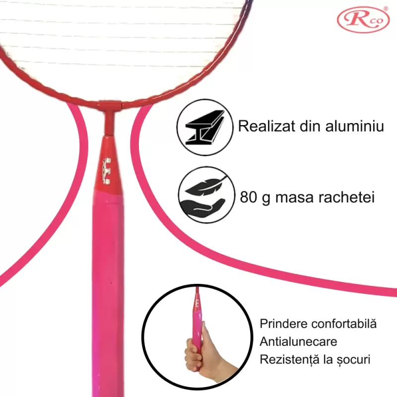 Set palete badminton RCO® pentru copii cu 6 accesorii, 45 cm, Roz