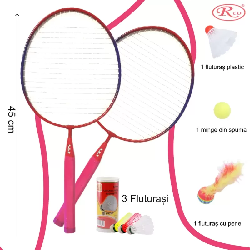Set palete badminton RCO® pentru copii cu 6 accesorii, 45 cm, Roz
