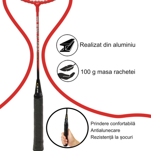 Set Palete Badminton Aluminiu RCO®, 2 bucati culoare Negru/Rosu, Husa Cover Total, 3 fluturasi din naylon, NB1005B