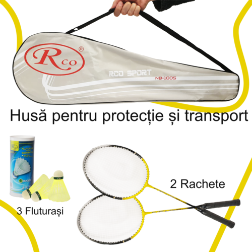 Set Palete Badminton Aluminiu RCO®, 2 bucati culoare Negru/Galben, Husa Cover Total, 3 fluturasi din naylon