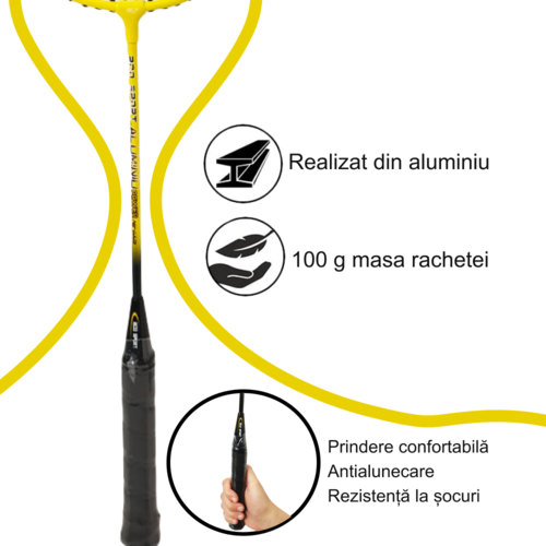 Set Palete Badminton Aluminiu RCO®, 2 bucati culoare Negru/Galben, Husa Cover Total, 3 fluturasi din naylon