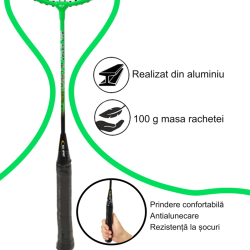 Set Palete Badminton Aluminiu RCO®, 2 bucati culoare Negru/Verde, Husa Cover Total, 3 fluturasi din naylon