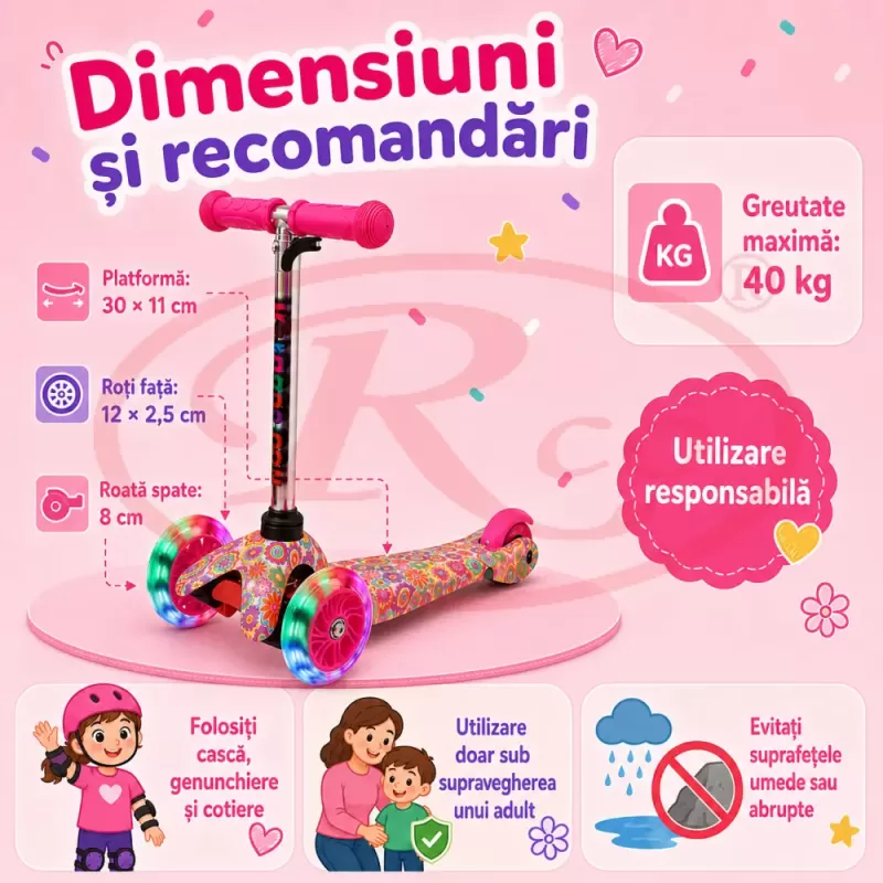 Trotineta cu 3 roti si luminite multicolore, Roz