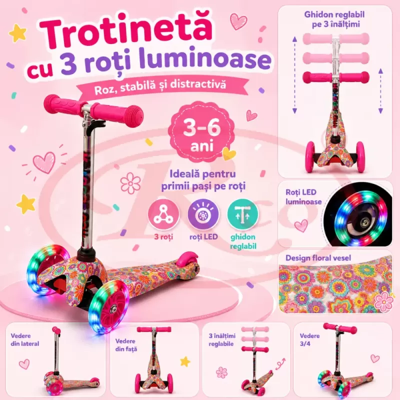 Trotineta cu 3 roti si luminite multicolore, Roz