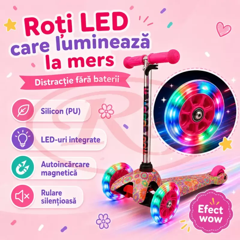 Trotineta cu 3 roti si luminite multicolore, Roz
