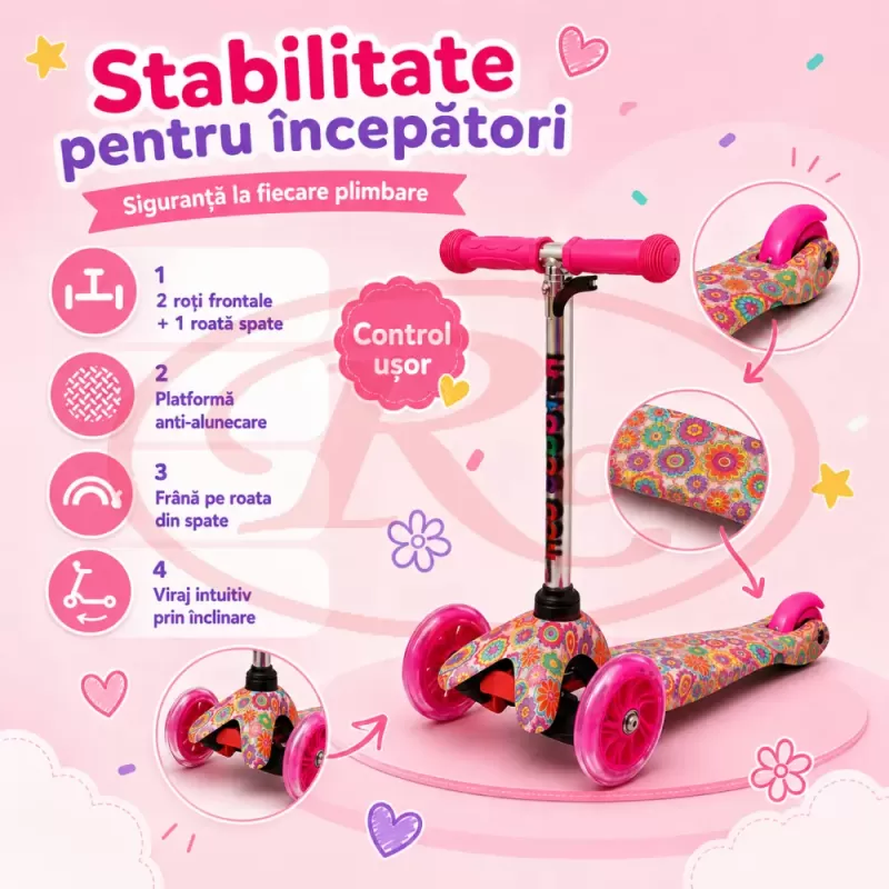 Trotineta cu 3 roti si luminite multicolore, Roz