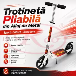 Trotineta din aliaj de metal, pliabila, ghidon reglabil, frana pe disc, ABEC-7, Alb