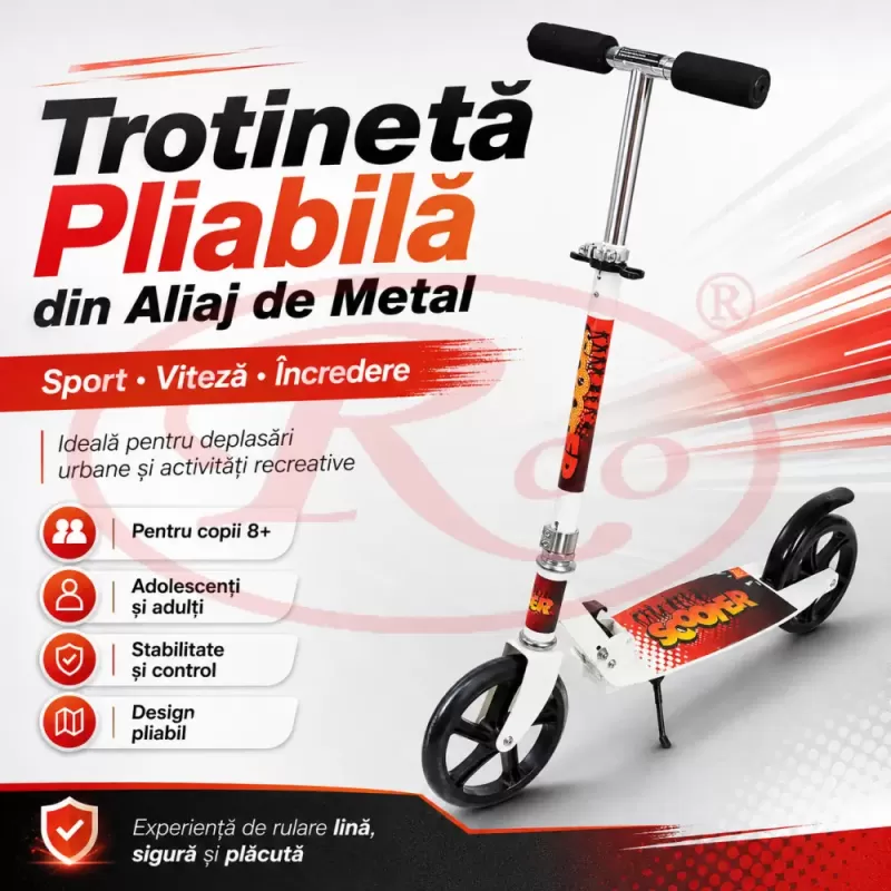 Trotineta din aliaj de metal, pliabila, ghidon reglabil, frana pe disc, ABEC-7, Alb