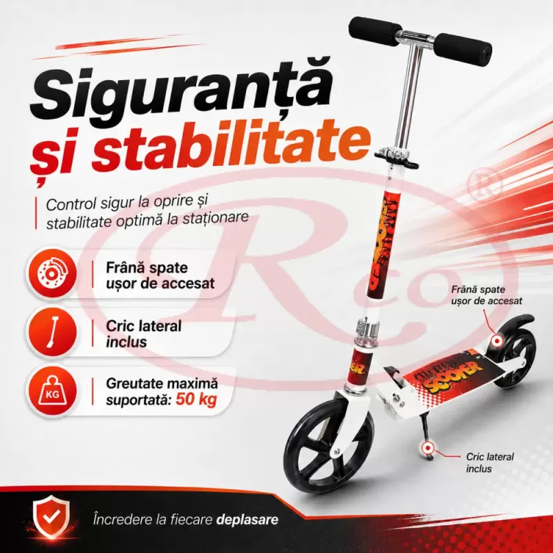 Trotineta din aliaj de metal, pliabila, ghidon reglabil, frana pe disc, ABEC-7, Alb