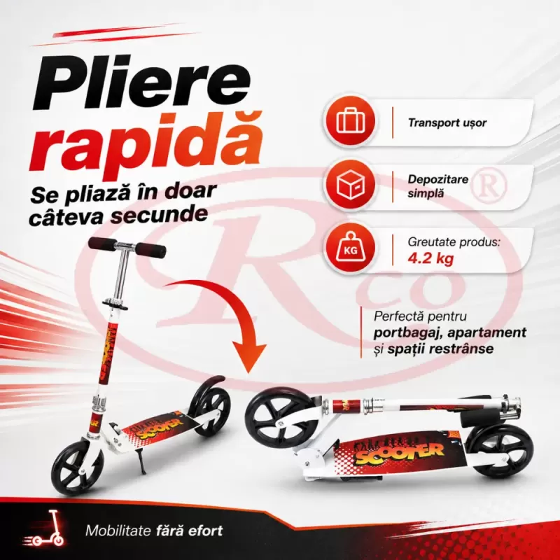 Trotineta din aliaj de metal, pliabila, ghidon reglabil, frana pe disc, ABEC-7, Alb