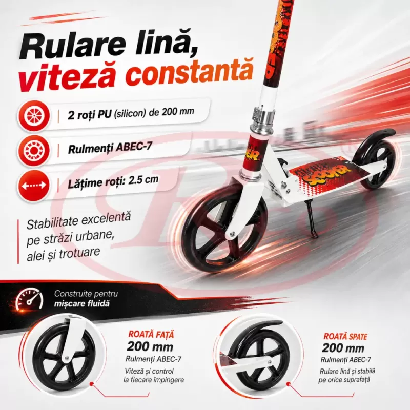 Trotineta din aliaj de metal, pliabila, ghidon reglabil, frana pe disc, ABEC-7, Alb
