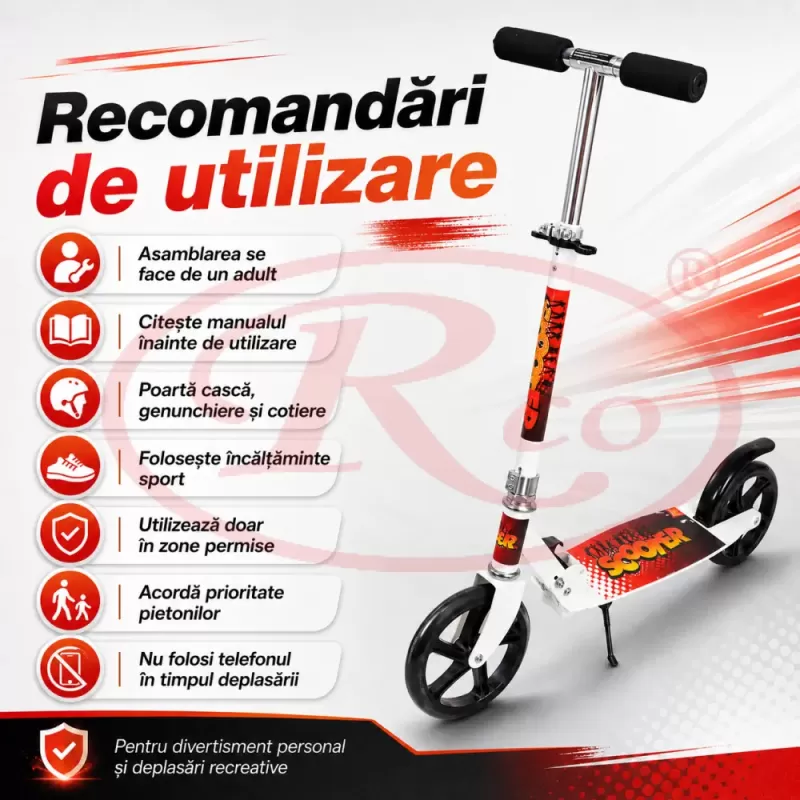 Trotineta din aliaj de metal, pliabila, ghidon reglabil, frana pe disc, ABEC-7, Alb