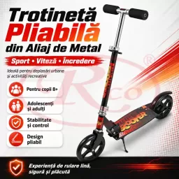 Trotineta din aliaj de metal, pliabila, ghidon reglabil, frana pe disc, ABEC-7, Negru