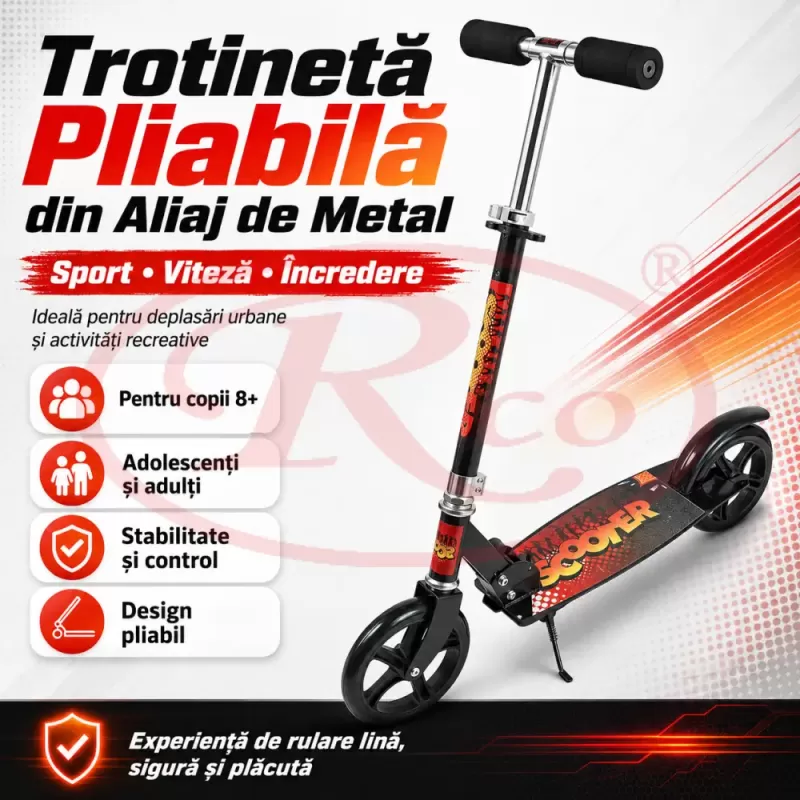 Trotineta din aliaj de metal, pliabila, ghidon reglabil, frana pe disc, ABEC-7, Negru