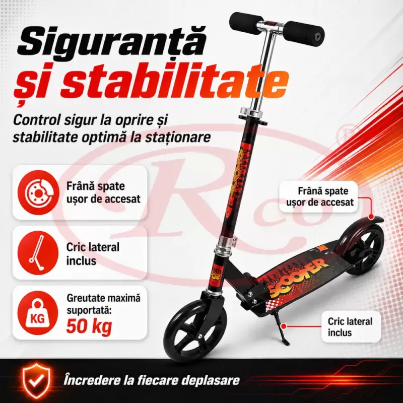 Trotineta din aliaj de metal, pliabila, ghidon reglabil, frana pe disc, ABEC-7, Negru
