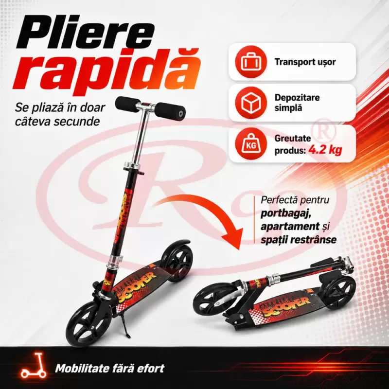 Trotineta din aliaj de metal, pliabila, ghidon reglabil, frana pe disc, ABEC-7, Negru