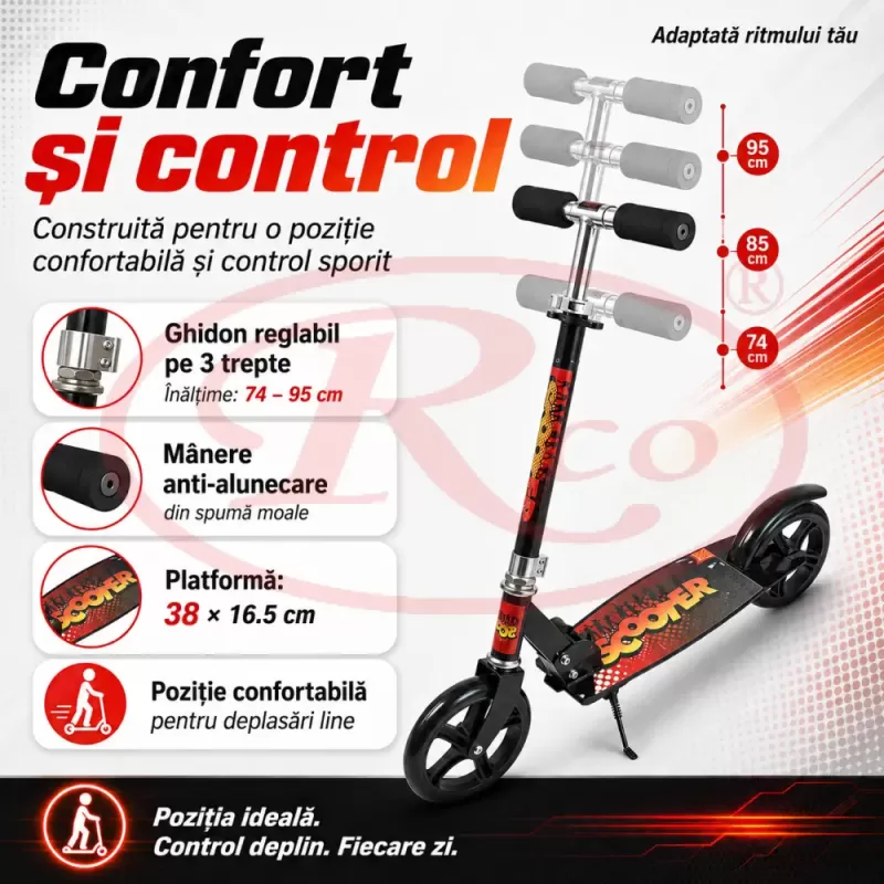 Trotineta din aliaj de metal, pliabila, ghidon reglabil, frana pe disc, ABEC-7, Negru