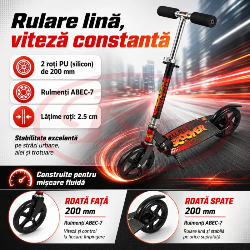 Trotineta din aliaj de metal, pliabila, ghidon reglabil, frana pe disc, ABEC-7, Negru
