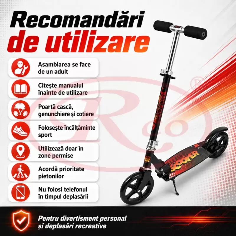 Trotineta din aliaj de metal, pliabila, ghidon reglabil, frana pe disc, ABEC-7, Negru