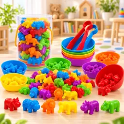 Joc educativ de sortare culori si numarare cu animale, 36 figurine si accesorii, +3 ani
