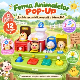 Jucarie senzoriala Pop-Up Ferma Animalelor, muzicala si interactiva, 12 luni+