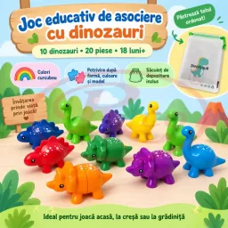 Joc educativ Montessori de asociere cu dinozauri multicolori, sistem simplu de imbinare, 10 piese, +3 ani
