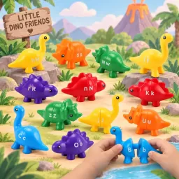Joc educativ Montessori de asociere cu dinozauri multicolori, sistem simplu de imbinare, 13 piese, +3 ani