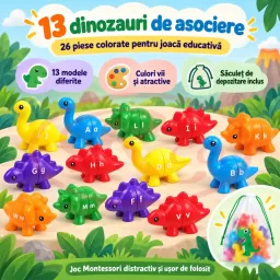 Joc educativ Montessori de asociere cu dinozauri multicolori, sistem simplu de imbinare, 13 piese, +3 ani