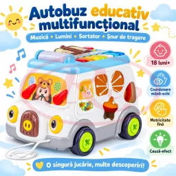 Autobuz multifunctional educativ cu muzica, lumini, sortator si snur de tragere, 18 luni+