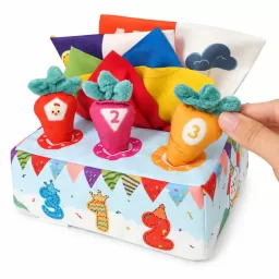 Cutie senzoriala pentru bebelusi cu servetele si morcovi – jucarie pentru motricitate fina, 18 luni+