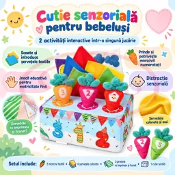 Cutie senzoriala pentru bebelusi cu servetele si morcovi – jucarie pentru motricitate fina, 18 luni+