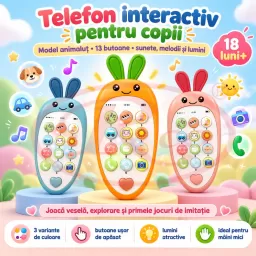 Telefon interactiv pentru copii, model animalut, 13 butoane, sunete, melodii si lumini, portocaliu, 18 luni+