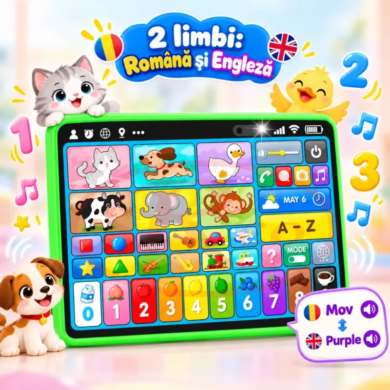 Tableta cu litere, cifre, animale, culori, forme, sunete si melodii