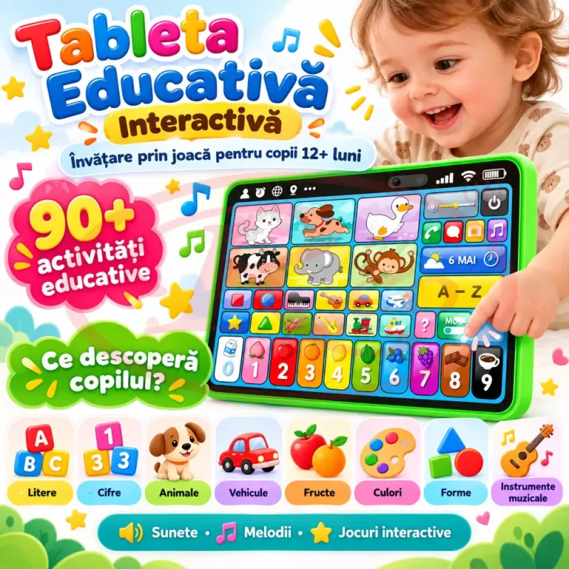 Tableta cu litere, cifre, animale, culori, forme, sunete si melodii