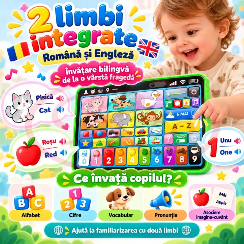 Tableta cu litere, cifre, animale, culori, forme, sunete si melodii