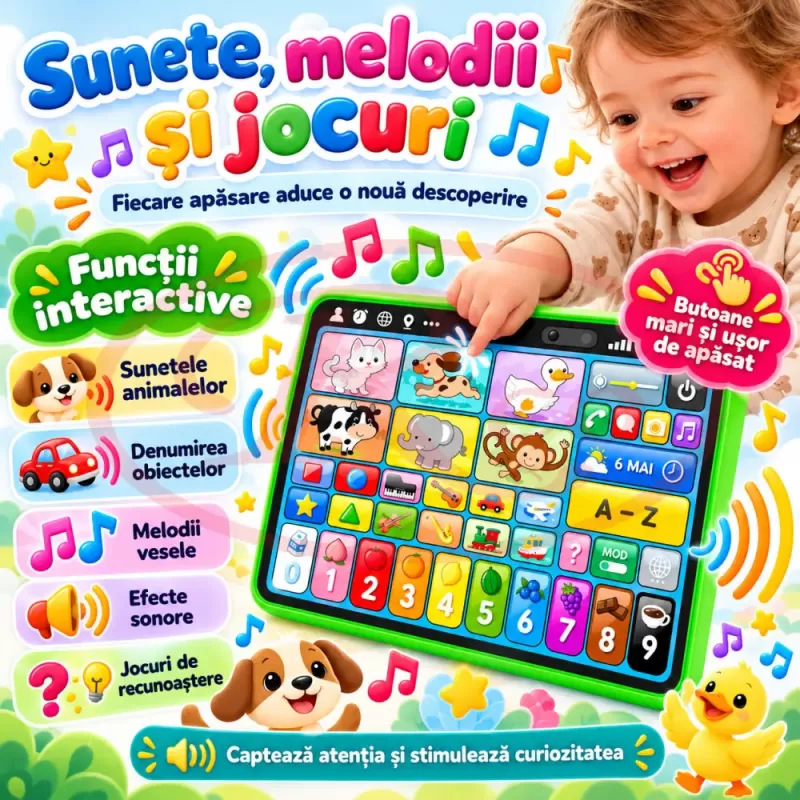 Tableta cu litere, cifre, animale, culori, forme, sunete si melodii