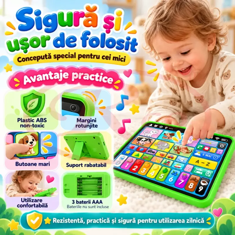 Tableta cu litere, cifre, animale, culori, forme, sunete si melodii