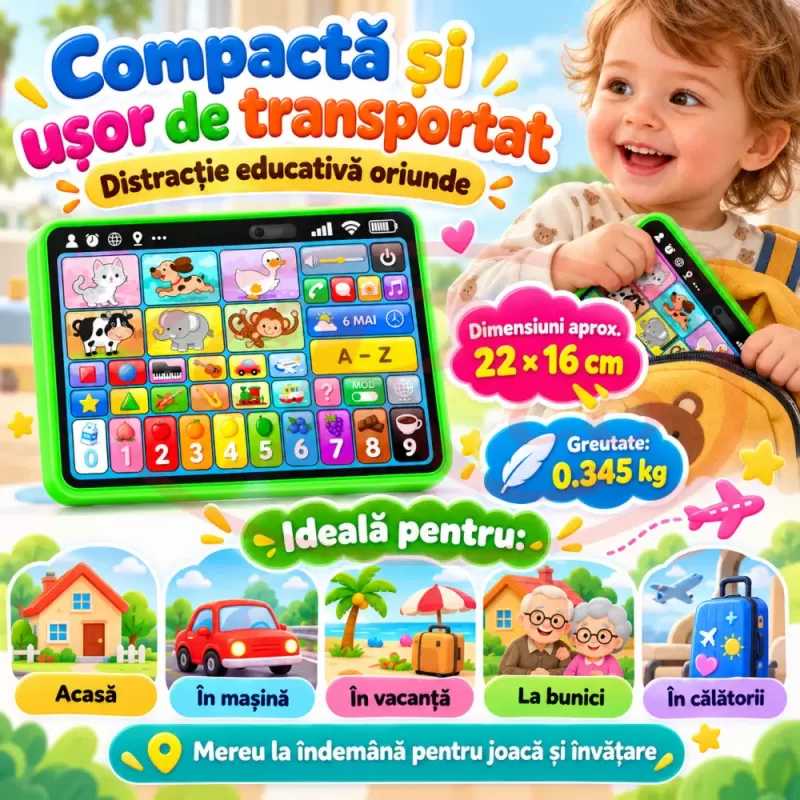 Tableta cu litere, cifre, animale, culori, forme, sunete si melodii