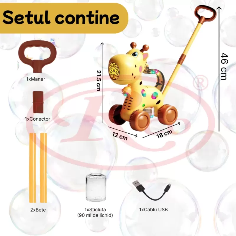 Jucarie interactiva 2 in 1 de impins cu baloane de sapun si lumini LED – Girafa, lansator automat 10 orificii, baterie reincarcabila USB