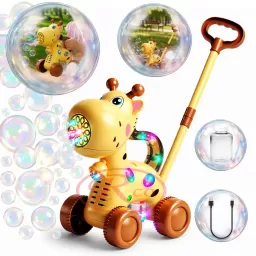 Jucarie interactiva 2 in 1 de impins cu baloane de sapun si lumini LED – Girafa, lansator automat 10 orificii, baterie reincarcabila USB