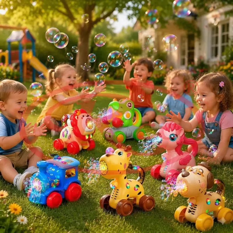 Jucarie interactiva 2 in 1 de impins cu baloane de sapun si lumini LED – Girafa, lansator automat 10 orificii, baterie reincarcabila USB